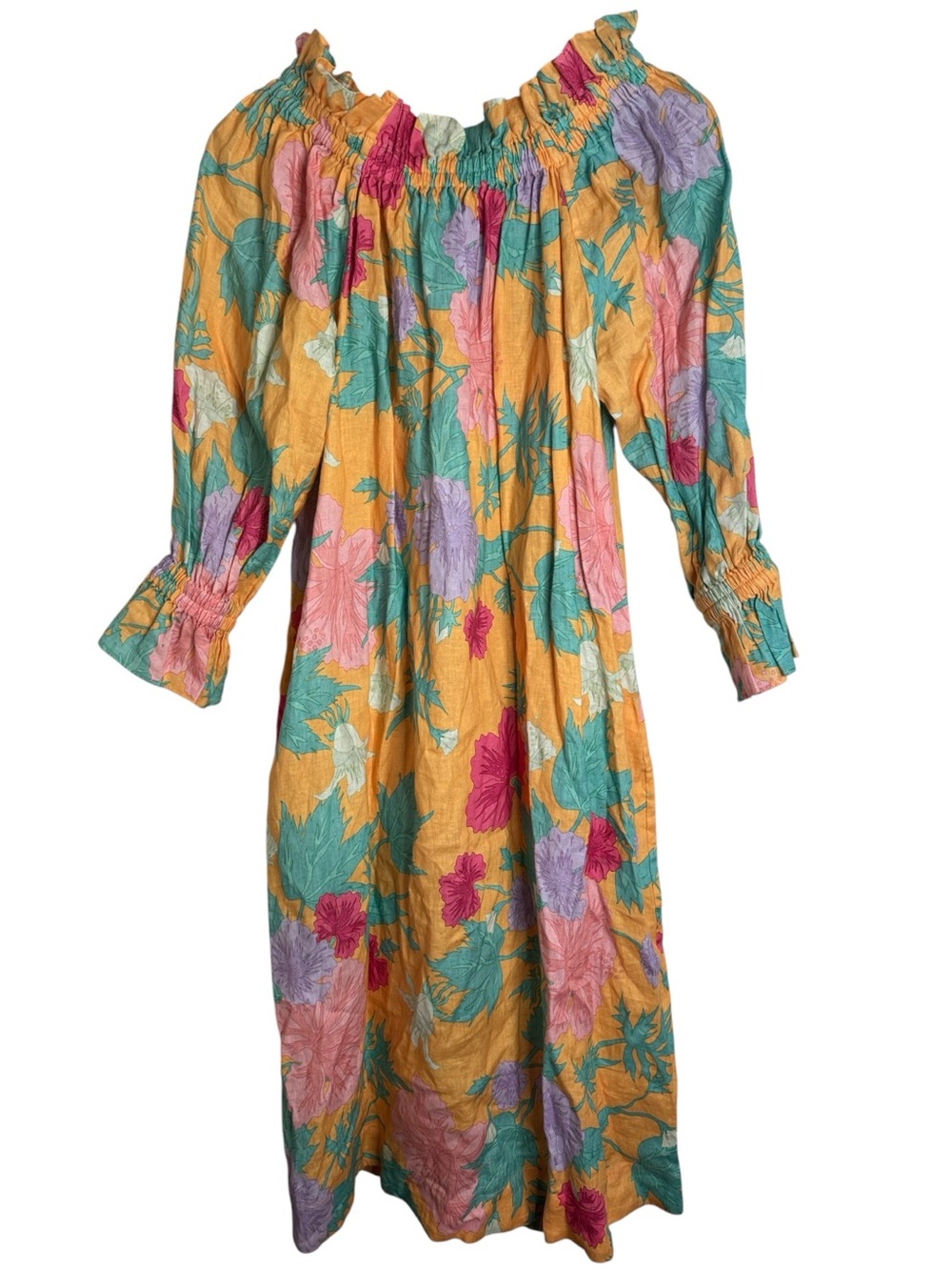 Ephemera Spalla Negroni Linen Floral Off-Shoulder Maxi Dress Long Sleeve XS/S
